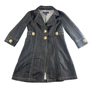 Baccini Womens Dark Wash Denim Trench Coat A-Line Contrast Stitch Jacket Size M